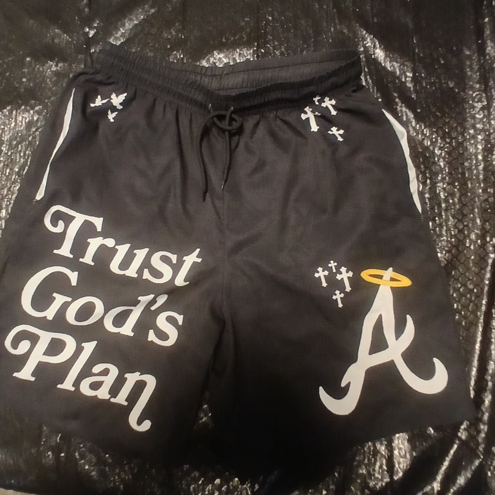 Black Graphic Athletic Shorts — "Trust God's Plan"